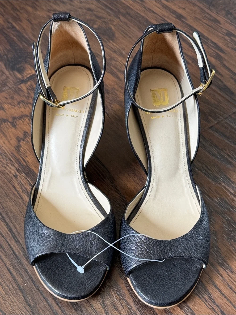 Bruno Magli Black Leather Peep-Toe Wedge Sandals with Raffia-Wrapped Heel